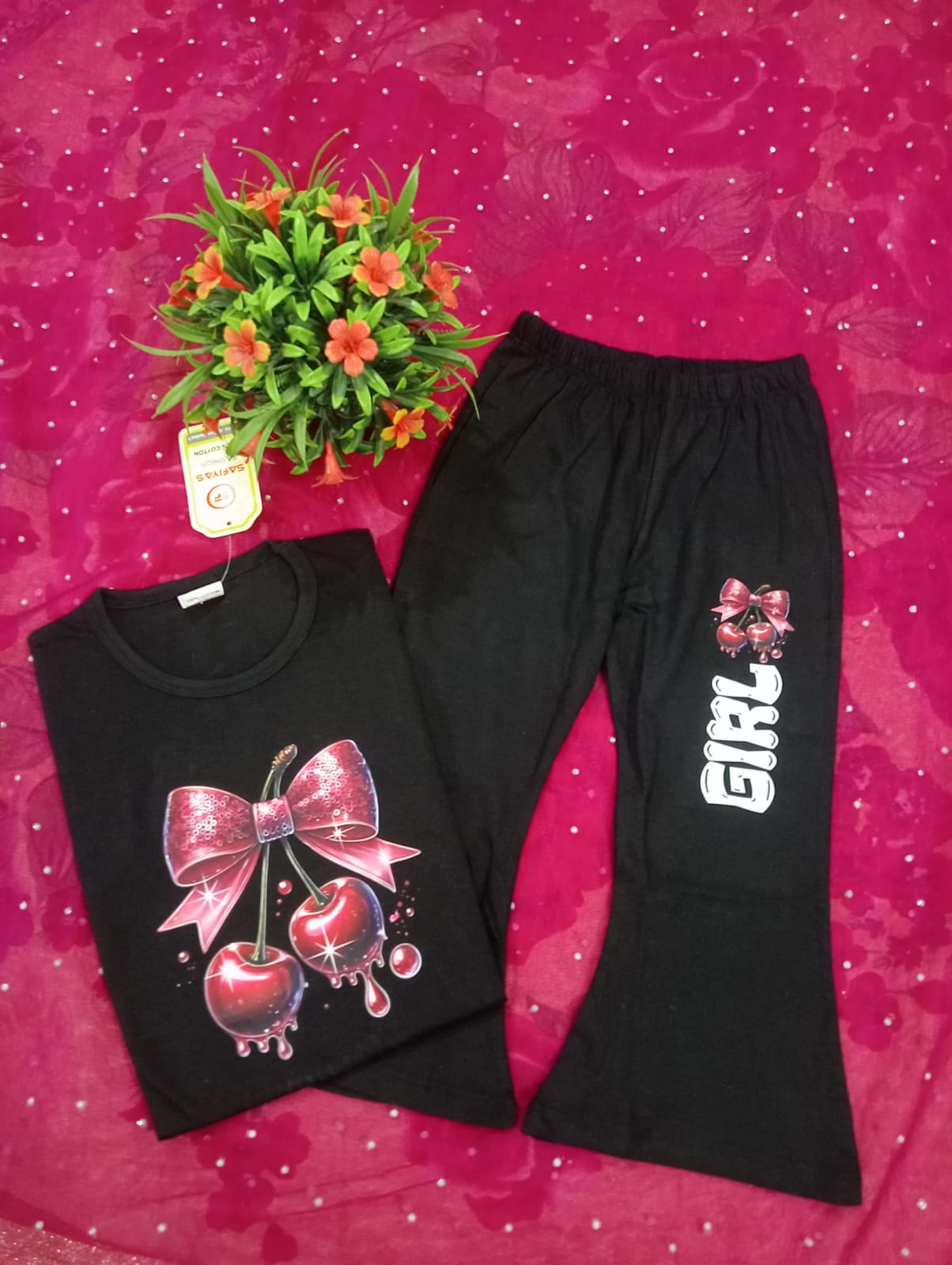 Cherry Bow Printed Girls Nightwear Set